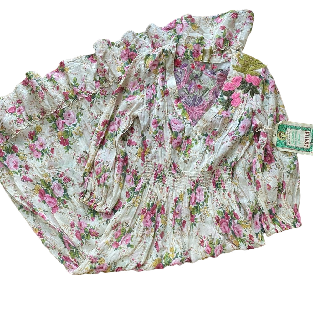 Aratta Embroidered Floral Mesh with Pink and Green
